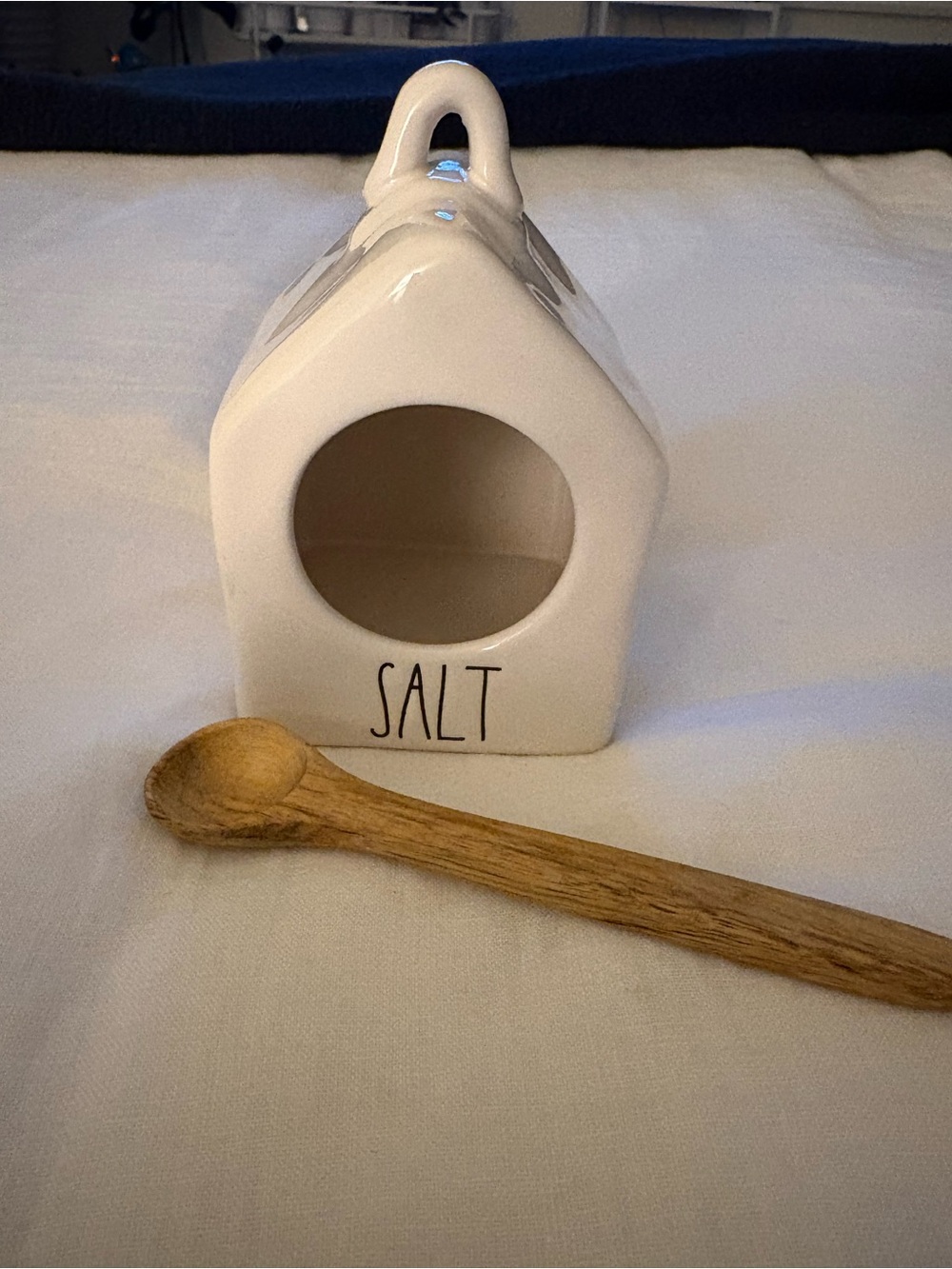 Rae Dunn Cream Ceramic Jar with Black Lettering and Natural Wood Spoon